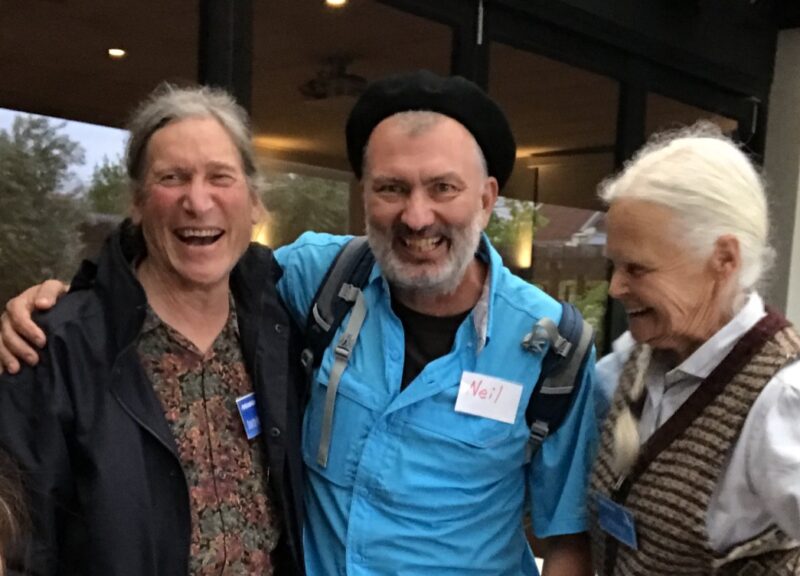 David Holmgren, Neil Willmann (center) and Su Dennett (David’s partner) share a laugh at the RetroSuburbia book launch in Sydney.