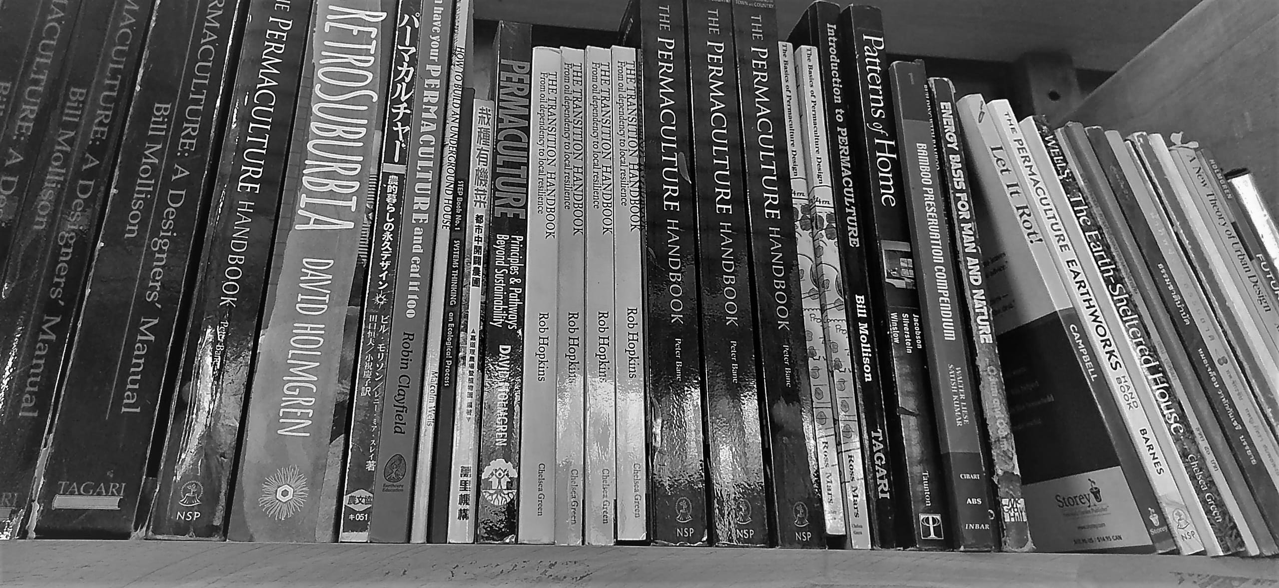 Black and white photo of a bookshelf holding permaculture titles including Mollison's Permaculture: A Designers' Manual and Holmgren's Retrosuburbia